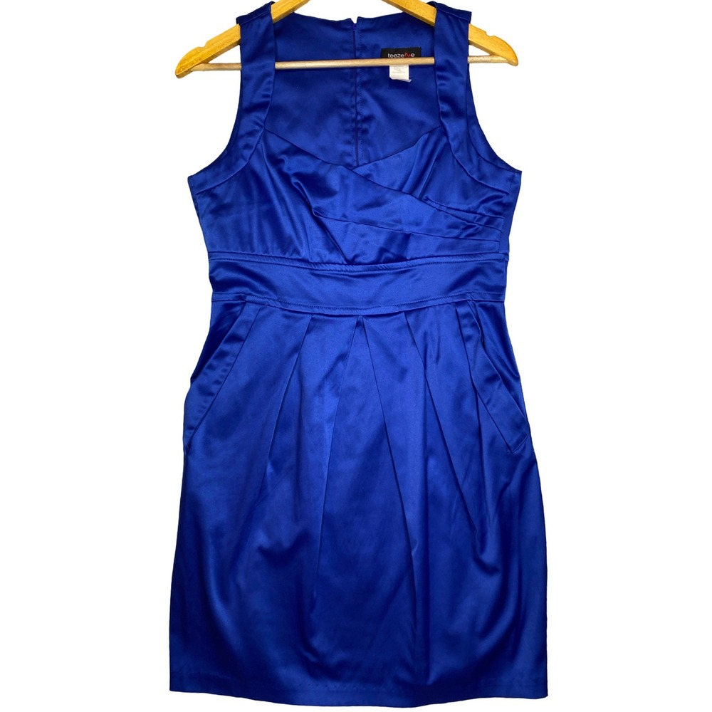 Teeze Me Royal Blue Satin Cocktail‎ Dress Sleeveless Pleated Tulip Skirt Size 11